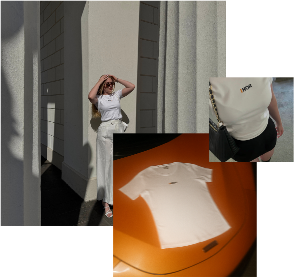 Collage of a person wearing the white F1 signature t-shirt and pants, a close-up of the t-shirt on an orange McLaren, and a picture with the signature tee outfit 